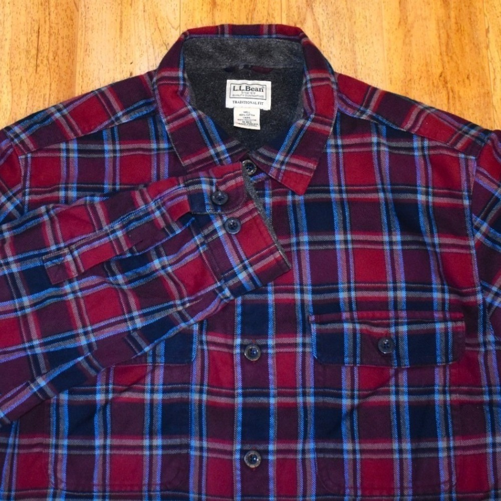LL Bean Fleece Lined Flannel Shirt Mens M Red Plaid Excellent‎ Heavy Traditional